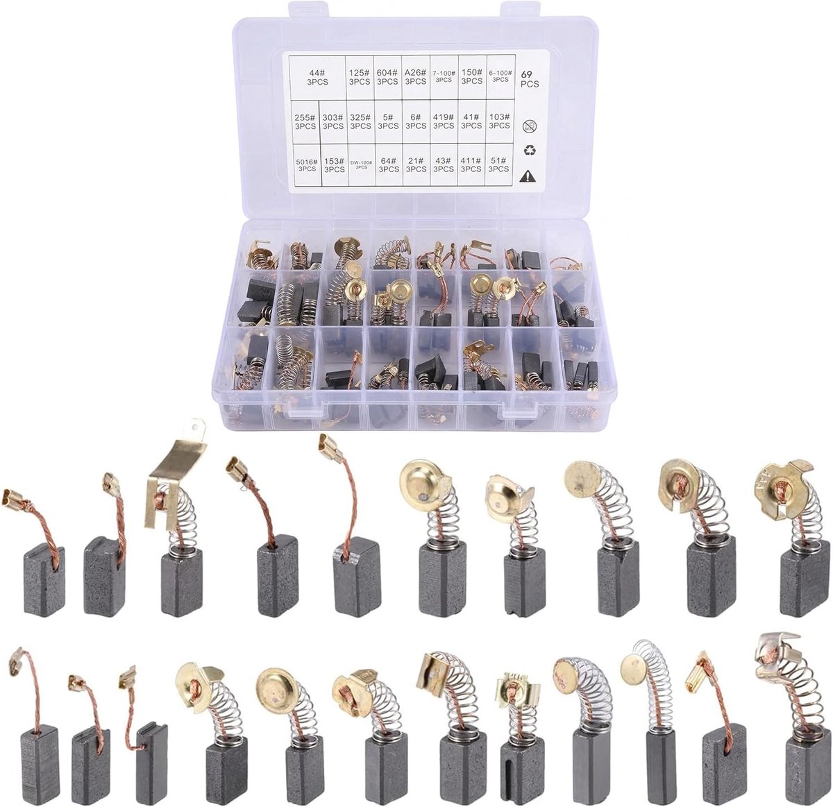 69 koolborstels set, 23 maten elektrisch gereedschap vervangende motor koolborstels, compatibel met haakse slijpers, hamerboren, cirkelzagen en meer elektrisch gereedschap