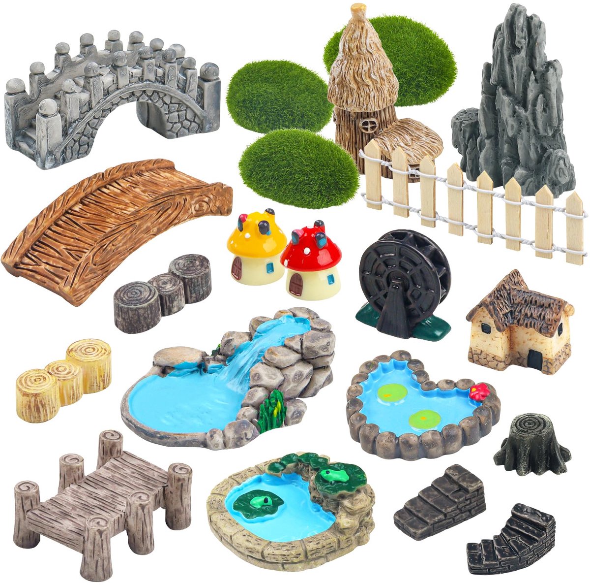 21-delige Tuin Miniaturen Set - Decoratieve Brug, Huisje, Put, Hek & Paddenstoel Figuren - Sprookjesachtige Landschapsdecoratie voor Tuin, Gazon, Vijver, Bloempotten & Succulenten - Creatieve DIY Tuinversiering