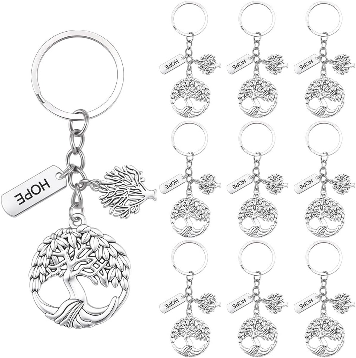 1 Doos 20 Stks Levensboom Sleutelhanger Bulk Stamboom Sleutelhangers Pack Zilver Legering Metalen Hoop Natuurlijke Inspirerende Bedankt Sleutelhangers voor Portemonnee Tas Charms Decor Party