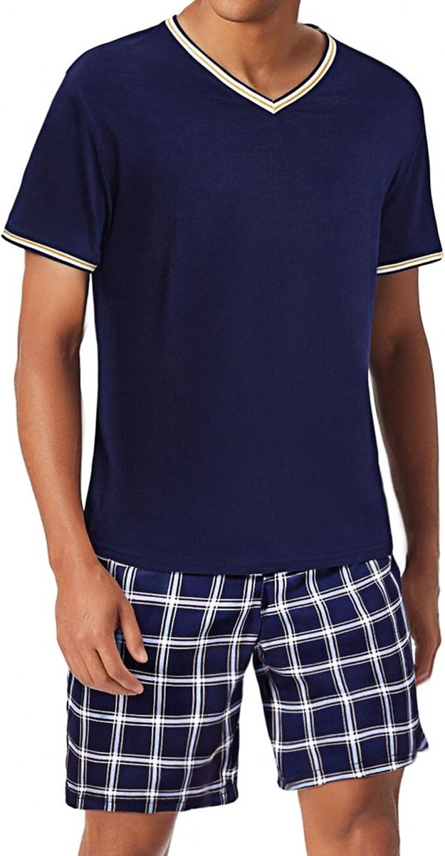Pyjama voor heren, zomer, korte mouwen, katoenen nachtkleding, V-hals, pyjama met zakken, zachte loungewear pyjama voor heren