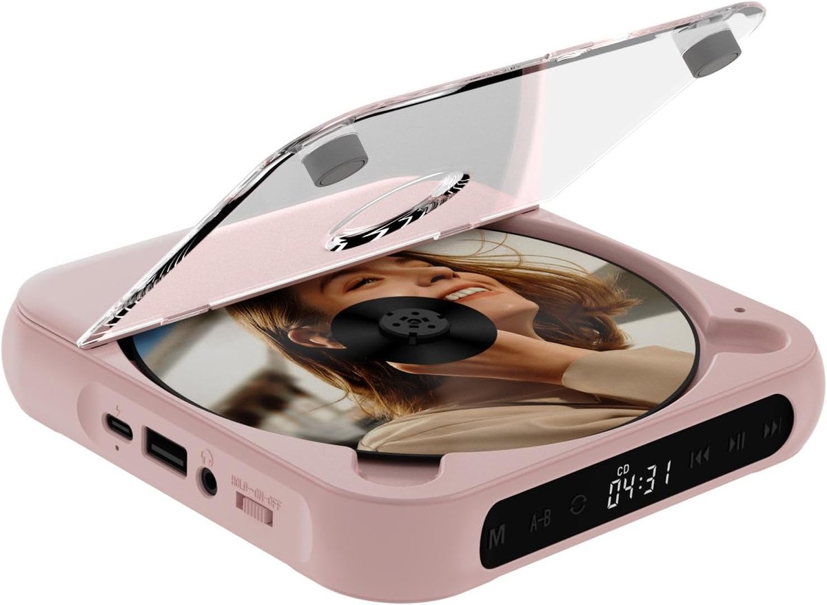 Draagbare cd-speler met Bluetooth –Draagbare Bluetooth-cd-speler met USB-C-snelladen – Ultradun en compact – Ondersteunt MP3/WMA-formaten – voor onderweg – thuis en op de camping -Roze