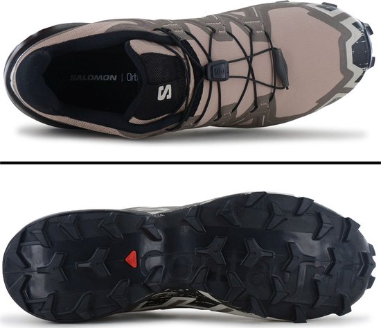 Boven- en onderaanzicht van een beige Salomon Speedcross 6 trailrunningschoen. Zwarte zool met profiel.