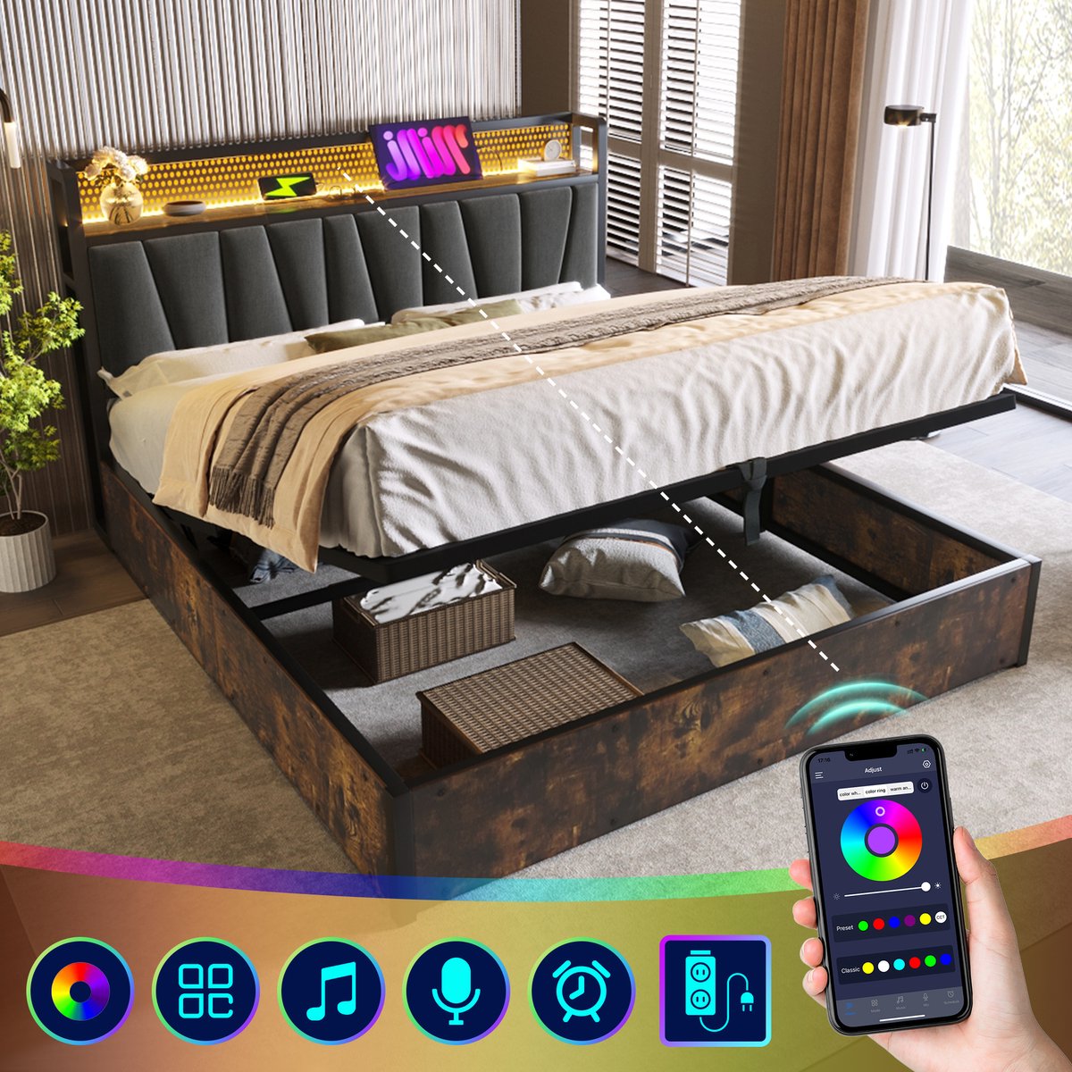 Bedframe - 180x200 Cm - Bed - Met Lattenbodem - LED - USB C - Grijs - Zonder Matras