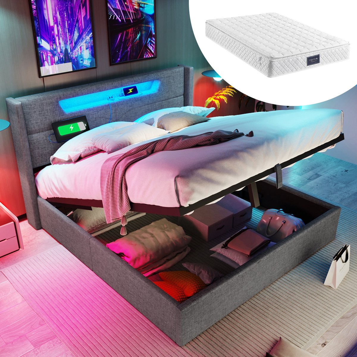 Bedframe - 160x200 Cm - Bed - Met Lattenbodem - Met Opbergruimte - LED - USB C - Grijs - Met Matras