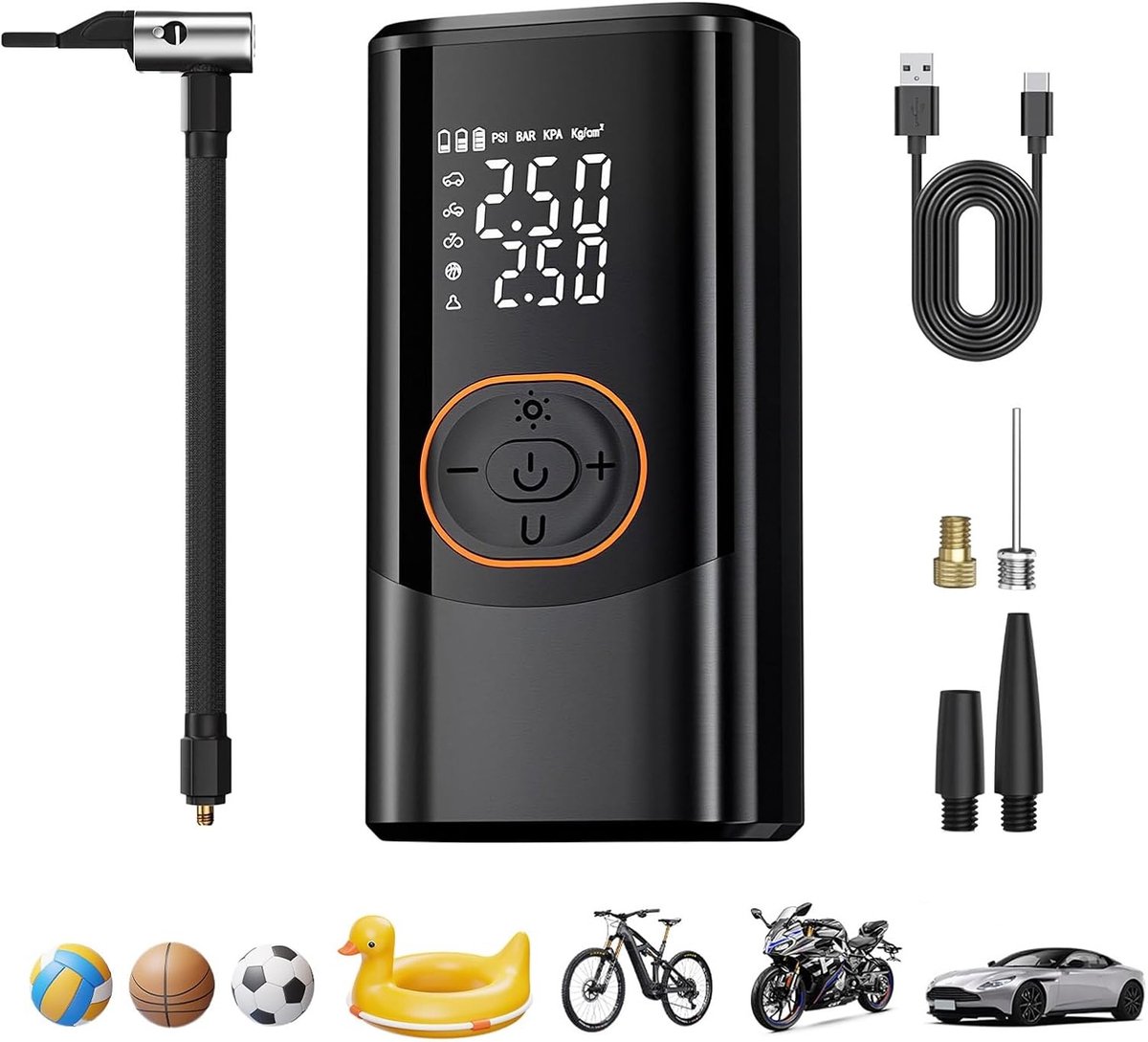 Draadloze Autobandenpomp - Zwart - Draagbare Luchtpomp met Digitale Manometer - Voor Auto, Motorfiets, Fiets en Ballen