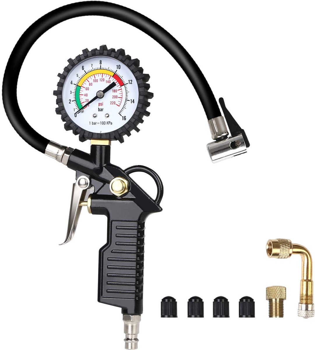 Bandenspanningsmeter 220 PSI (15 Bar) - Multifunctionele Bandendrukmeter met Ventielkern Gereedschap - Nauwkeurige Luchtdruk Tester voor Auto, Motor, Fiets & Bestelwagen - Compressor Accessoire - Zwart