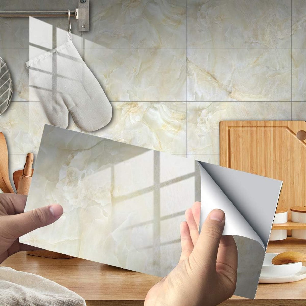 Tegelstickers, decoratief, geruit, voor badkamer en keuken, marmermotief, 3D-mozaïek, waterdicht, zelfklevend, decoratie, 30 x 15 cm (beige, 4 stuks)