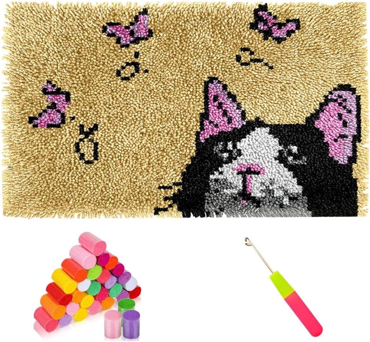 Klink haak tapijt kit, kat patronen garen gehaakte tapijt kit met bedrukt patroon, 52 x 38 cm, creatief tapijt handwerken voor huisdecoratie cadeau