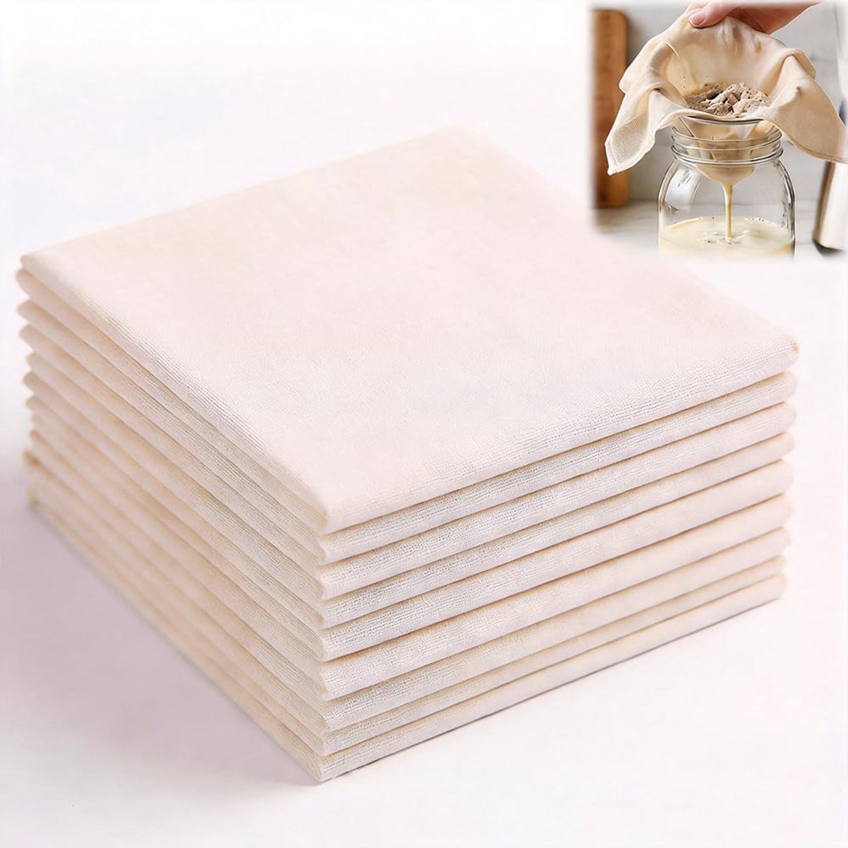 Voedselkaasdoek, 10 stuks, katoenen stof, 6 stuks, 50 x 50 cm + 4 stuks 60 x 60 cm, zeef voor kaas, boter, sap, yoghurt, thee en specerijen