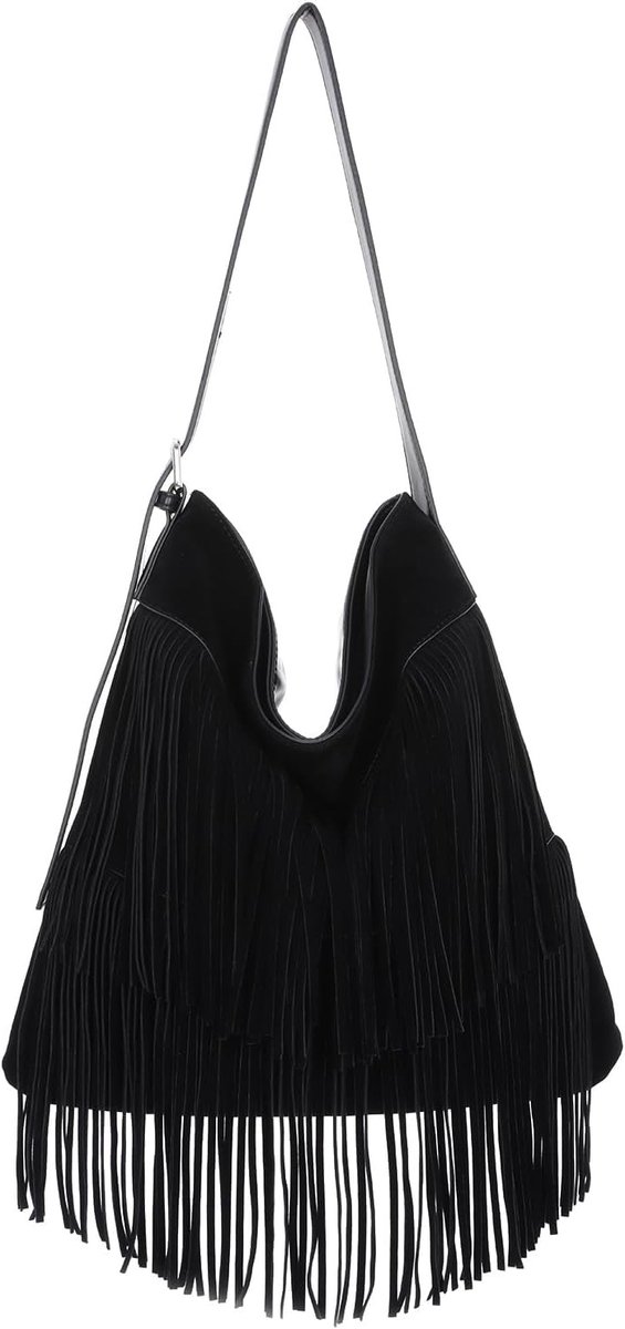 Dames schoudertas met kwast, synthetisch wildleer in overmaat, slouchy western stijl, crossbody, boho franjes, hobo tas, zwart