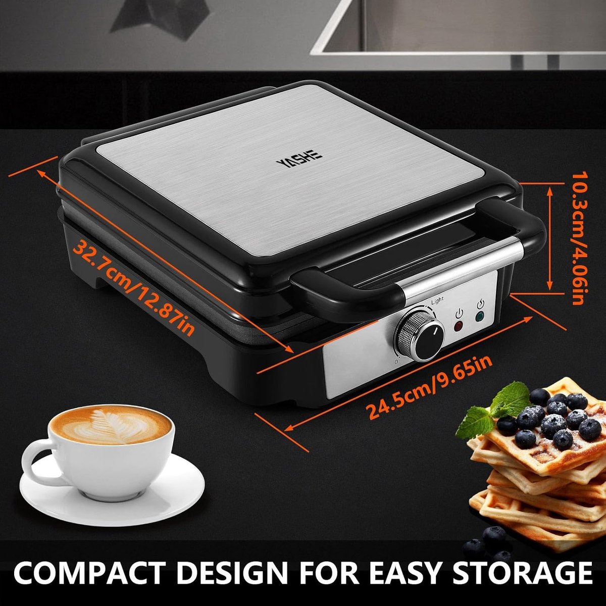 Belgische Wafelmaker, 4-Slice Vierkante Wafelmaker, 1200W Wafelijzer met 5 Bruneerknop, Indicatorlampjes, Anti-overflow, Antiaanbaklaag, 1200W, Zilver/Zwart