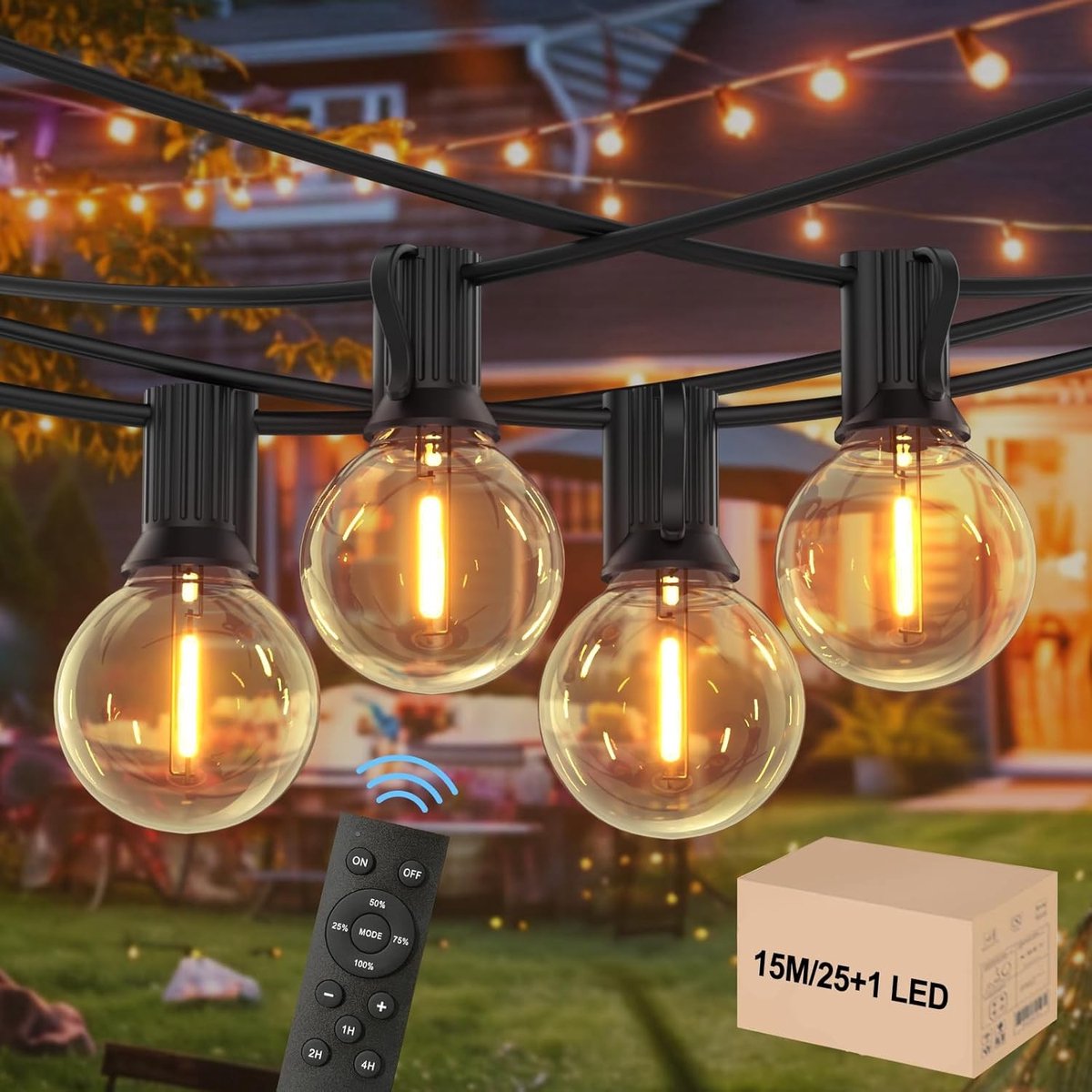 Lichtsnoer voor Buiten - Warmwit - 15M - Dimbare Lichtketting met Afstandsbediening - Voor Buitenfeesten