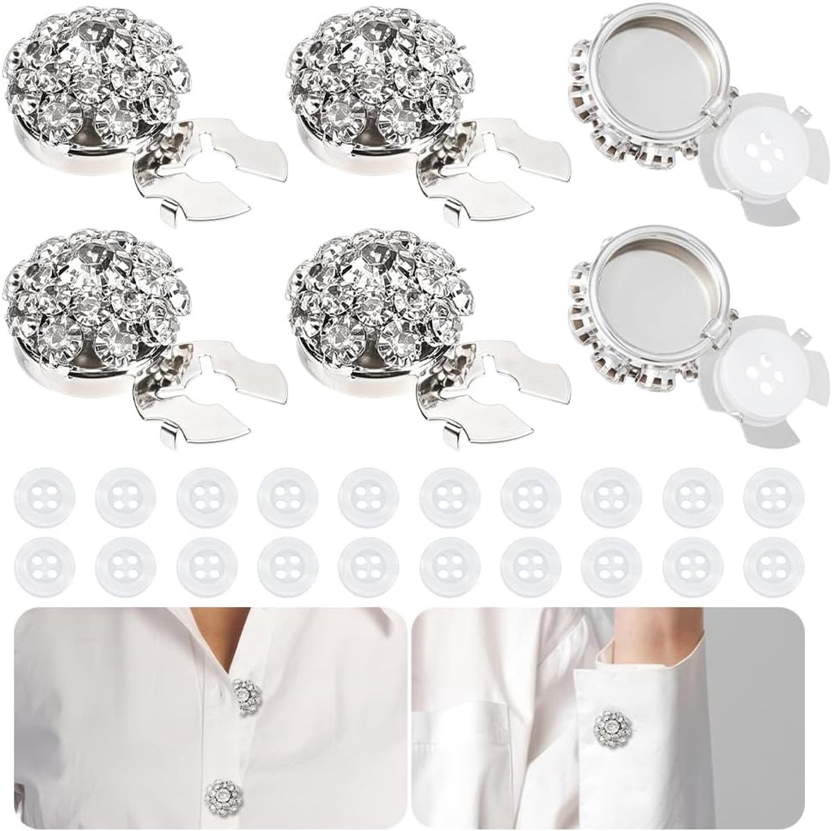 6 stuks knoophoezen voor vrouwen en 20 naaiknopen met 4 gaten, voor mouwen, decoratieve clips voor jurken, kostuums, smokings en overhemden, accessoires, platina