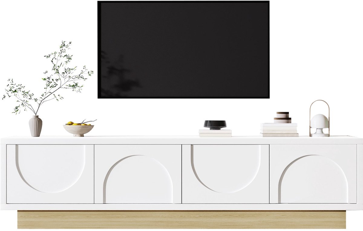 Merax Televisiemeubel 175 cm - Wit met houtkleurige sokkel - 4 deuren - Drukopening - Kabeldoorvoer - Veel opbergruimte