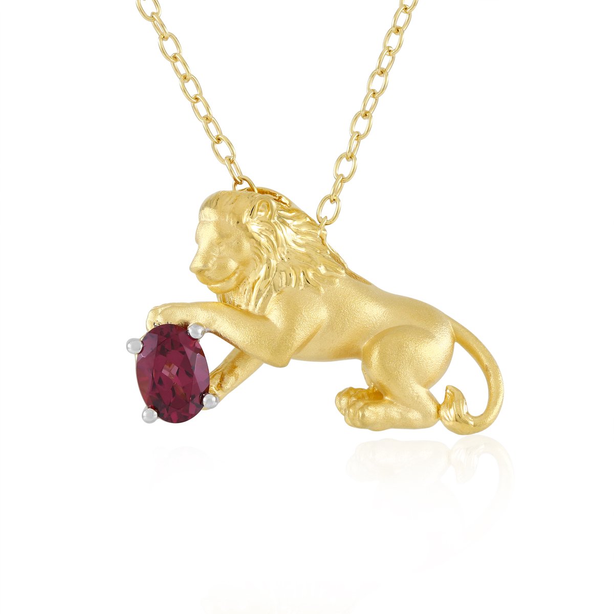 Cavill - Zilveren Halsketting met Rhodoliet Ovaal Slijpsel 0,81 ct - 925 Zilver Verguld - Leeuwenmotief - Edelsteen Mozambique - Stijlvol Juweel