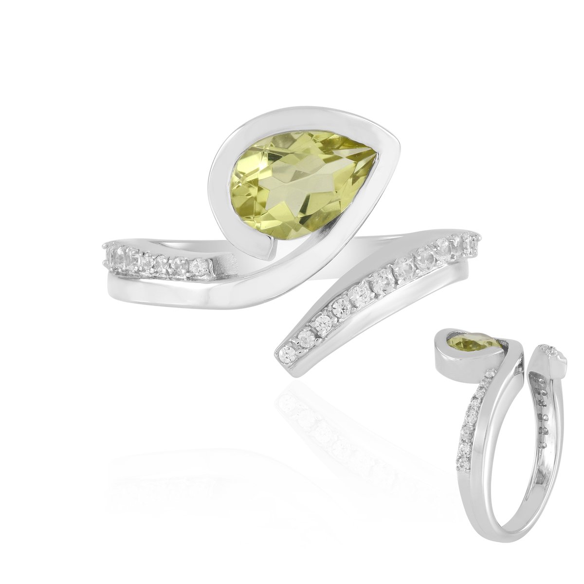 Cavill - Zilveren ring met 1,1 ct peervormige Ouro Verde kwarts - 925 sterling zilver - 0,35 ct pave zirkonen - verstelbare elegante ring