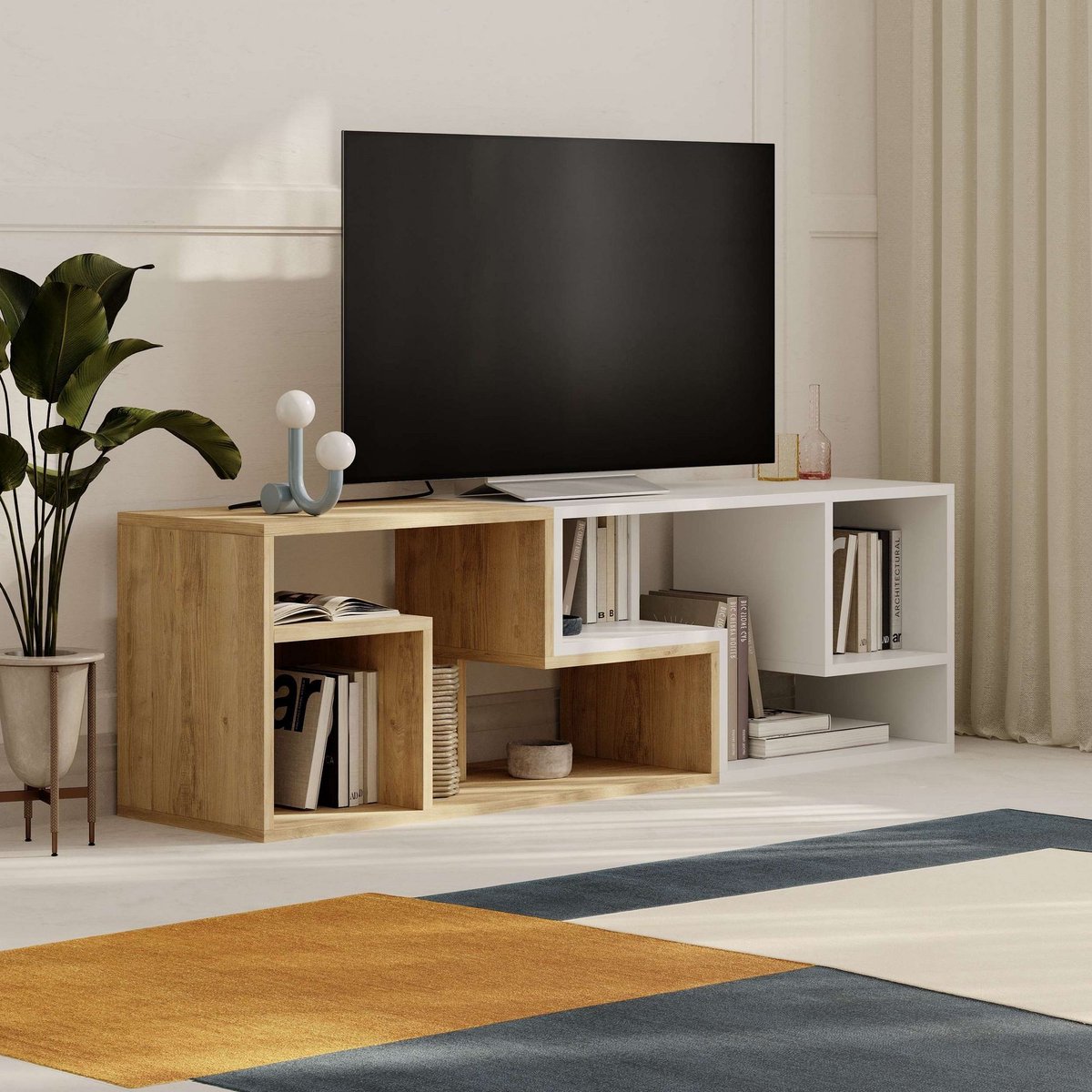 Skye Decor , Tv-standaard, Glis - Sapphire Oak, White, Gemelamineerde spaanplaat, Saffier eiken & Wit, 145 x 35 x 44,8 cm