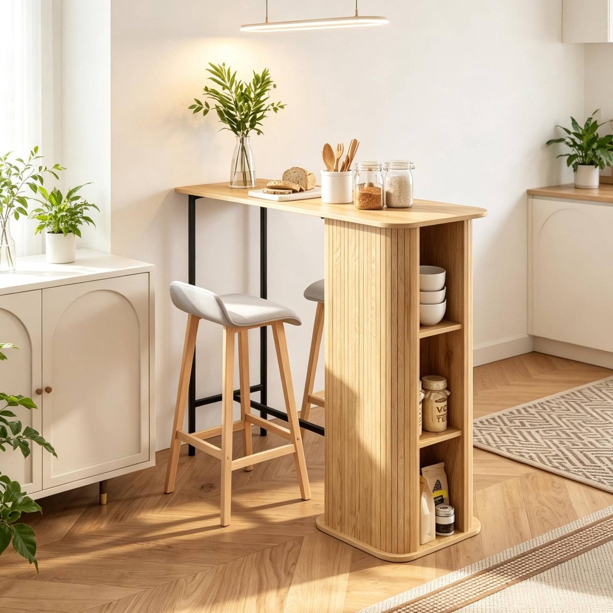 FloraGrace Bartafel - Met 3 Open Opbergvakken - Scandinavisch Design Voor Keuken En Woonruimte - Hout En Metaal - 112x50x106 Cm - Eiken
