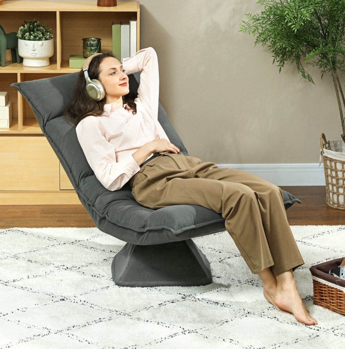 REDOM - Bodensessel - 360° draaibaar - 5-voudig verstelbare rugleuning - Opvouwbaar - Loungestoel - Woonkamer, gaming en lezen - Polyester - Donkergrijs - 70 x 62 x 95 cm