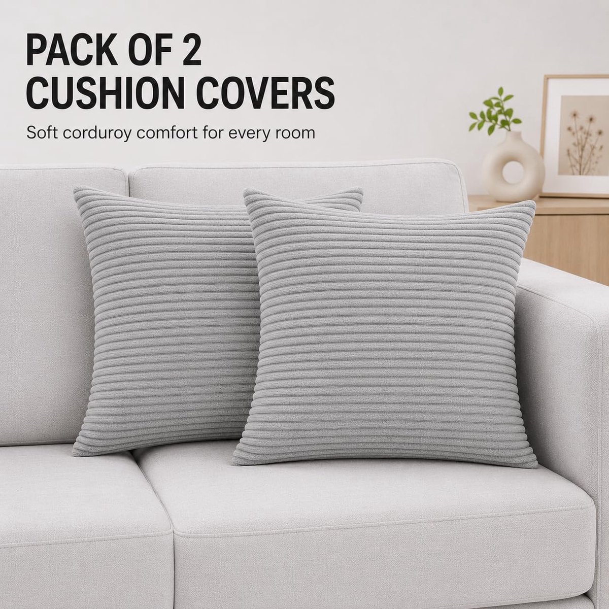 Seechoo corduroy kussenslopen, set van 2, 45 x 45 cm, gestreept, met onzichtbare rits, 18 x 18 inch (grijs) - ShopVlot