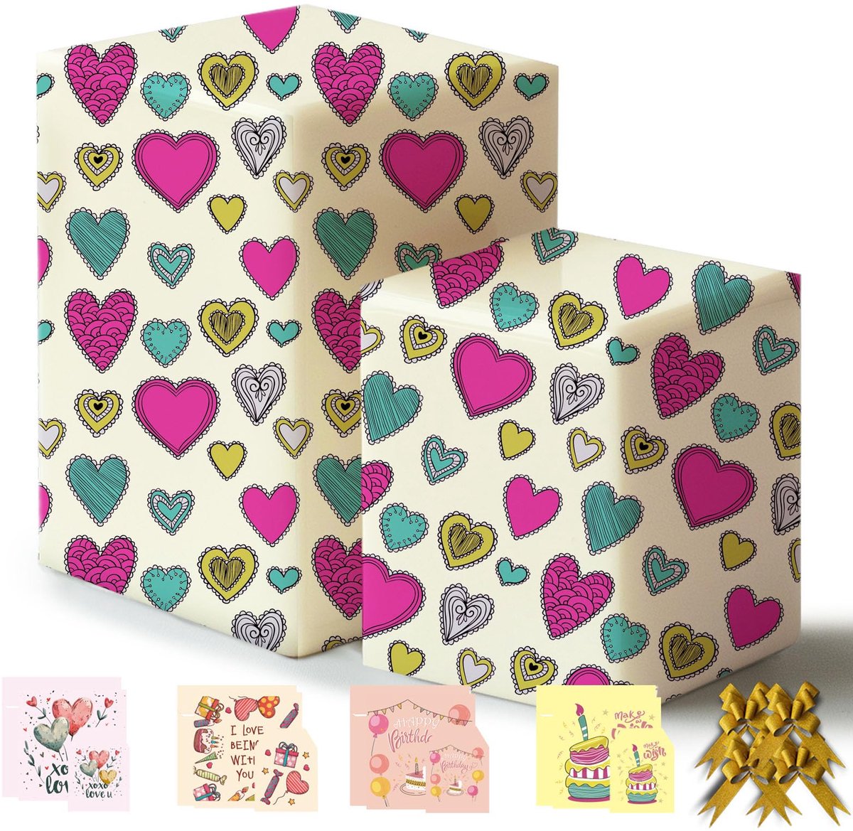 Kleurrijk hart Happy Birthday inpakpapier 43% groter 85 x 60 cm, 4 vellen, 4 strikken, 4 kaarten, 4 enveloppen, 4 - ShopVlot