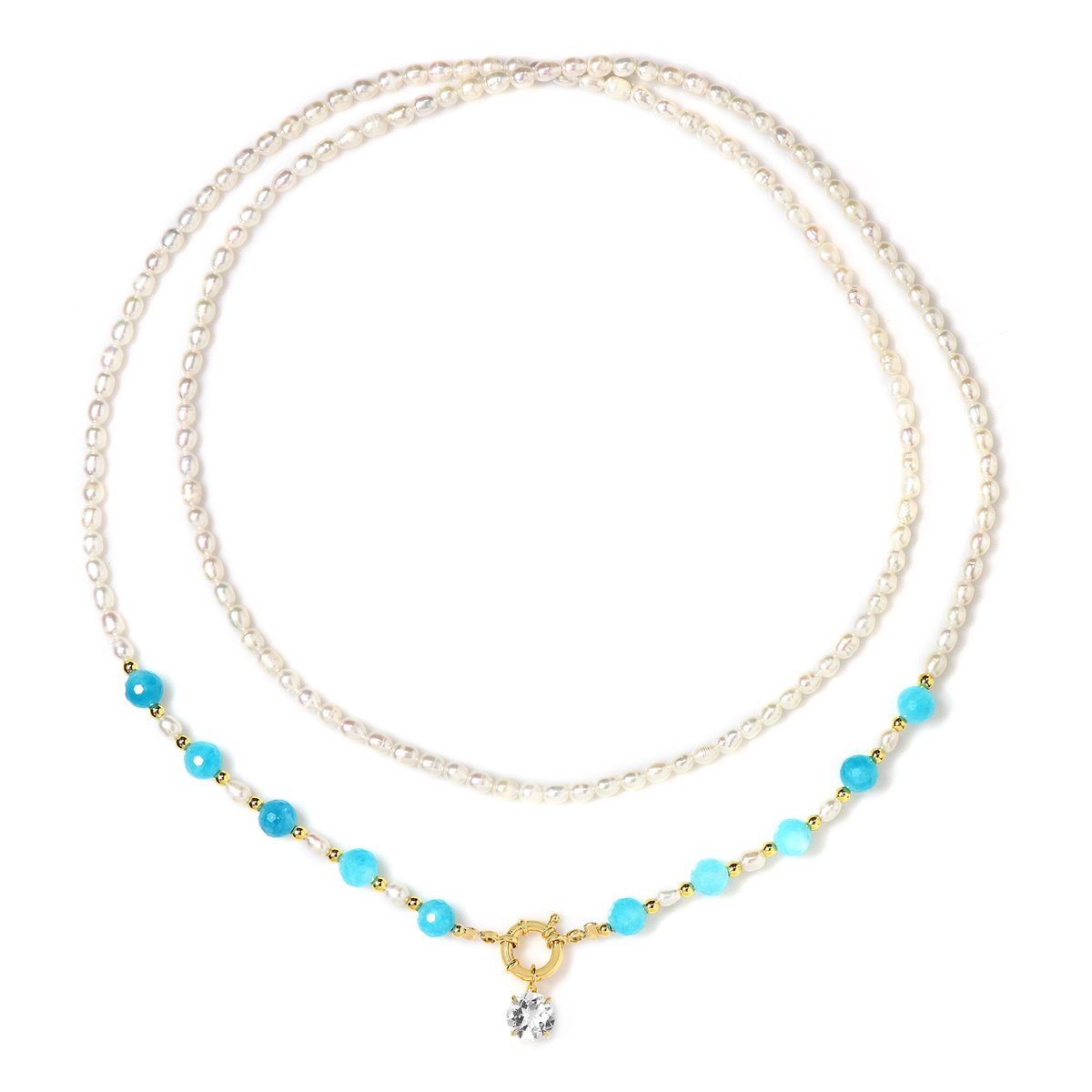 Cavill - Elegante Damesketting - 925 Sterling Zilver Gedeeltelijk Verguld - Witte Kwarts 2,7 ct - Blauwe Kwarts & Gouden Hematiet