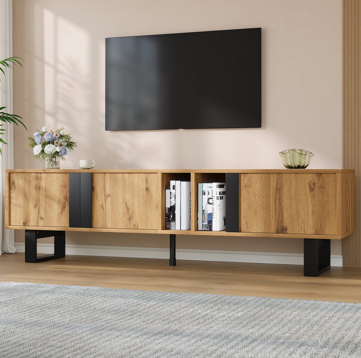 FloraGrace Tv Meubel - Asymmetrische Opbergruimte Met 3 Deuren En Open Vakken - Woonkamer En Mediahoek - Houtkleur - 160x40x50 Cm