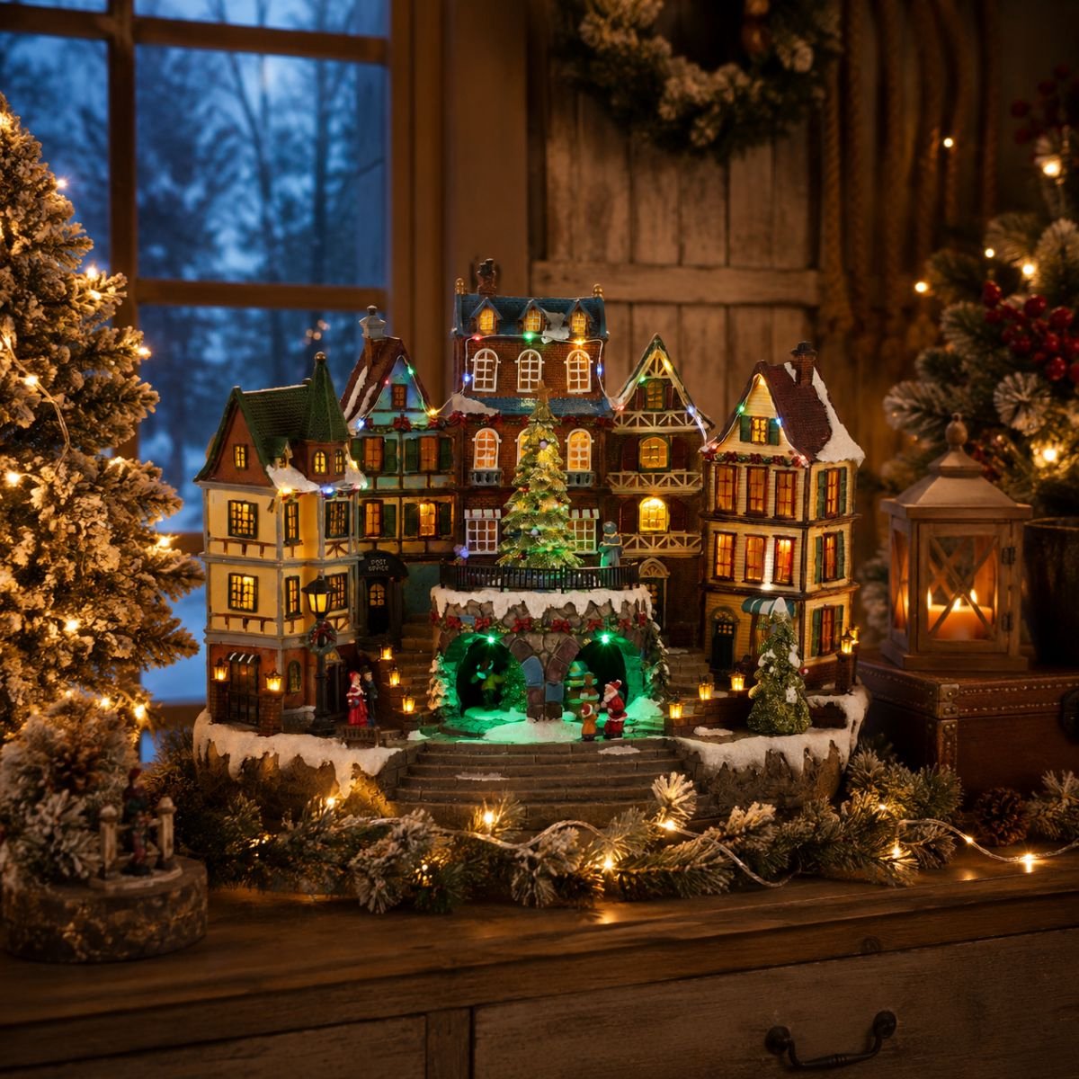Luville Kerstdorp Miniatuur Dorpsplein - Kerstversiering met Draaiende Kerstboom - Kerstslingers voor Sfeervolle Aankleding - Kerst Deco Dorpje - L42 x B25 x H32 cm - Meerkleurig – foto 5