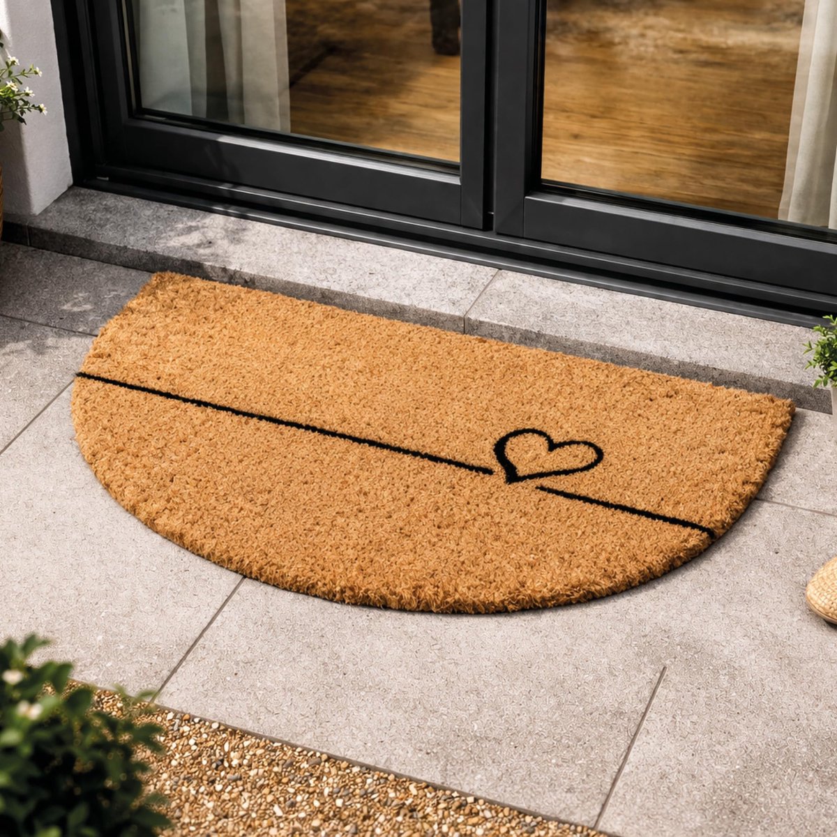 Famanu Natuurlijk Deurmat Kokos Hartlijn Design Halve Cirkel 40x60cm Zwart