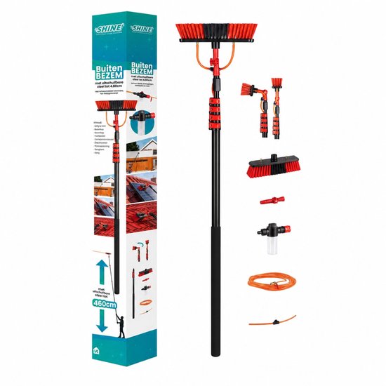 Shine Telescoopsteel met borstel 6 delige set – Telescoop met borstel - Telescoopsteel ramenwassen – Uitschuifbaar tot 4,6 Meter - Met zeepdispenser