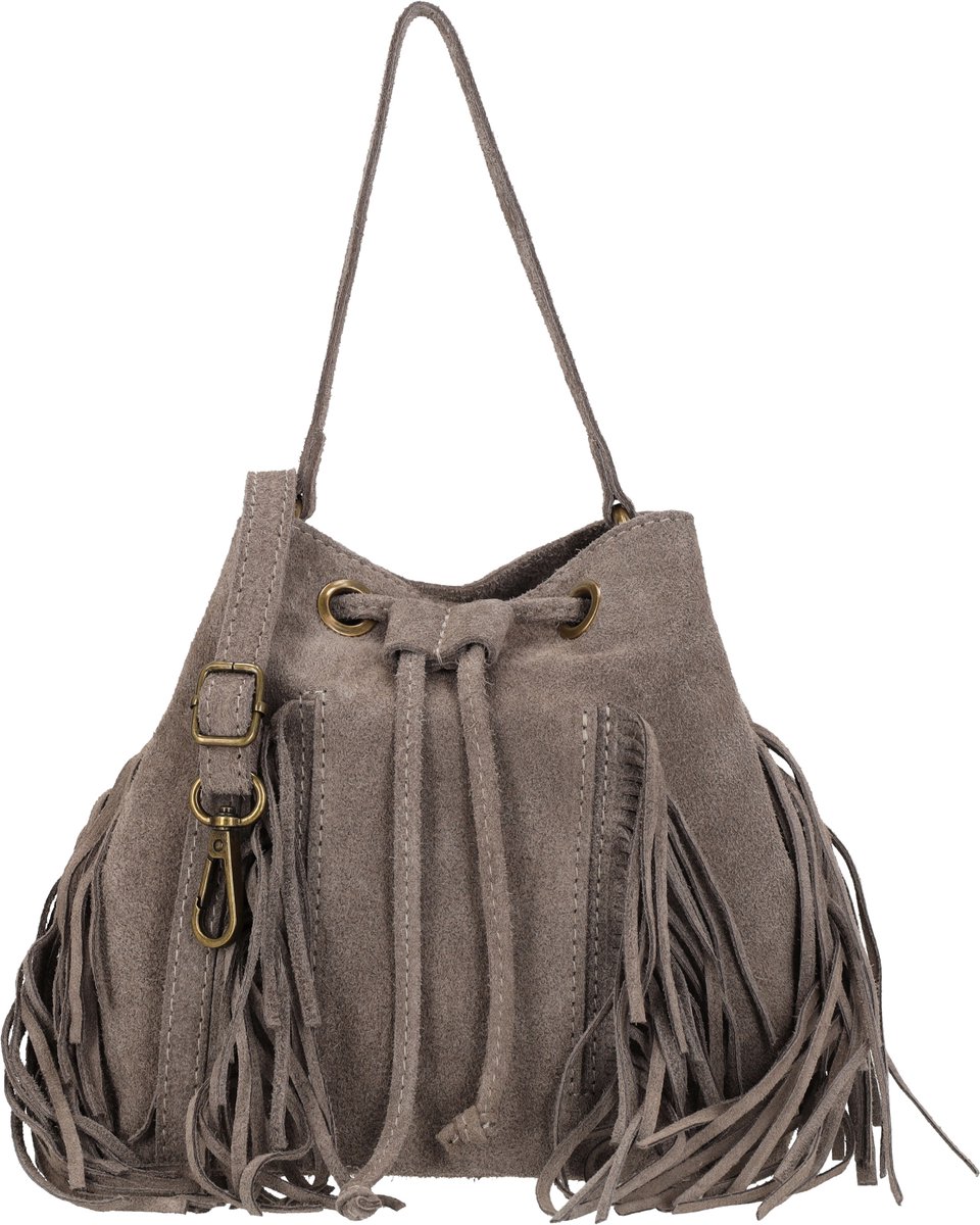 Charm London Vittoria Crossbodytas - Suède Leer - Schoudertas - Telefoonvak - Franjes - Damestas - Leren Dames Tas - Donkertaupe