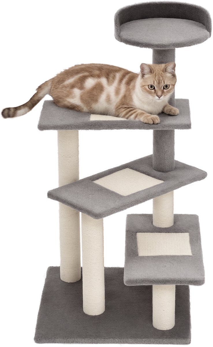 Krabpaal van 100 cm met sisalpalen-groot platform-krabpaal met meerdere niveaus-klimtoren-voor kleine katten-beige+grijs