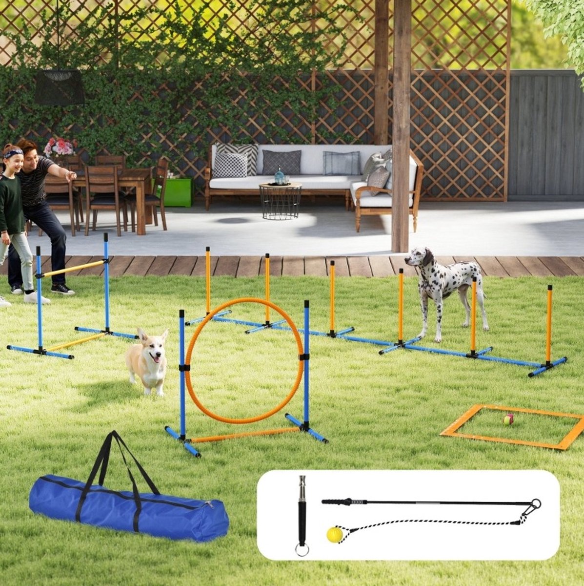 REDOM - Honden agility set - 7-delig trainingskit met horde, springring en slalomstangen - met draagtas - van kunststof - Blauw - 98 x 20 x 20 cm