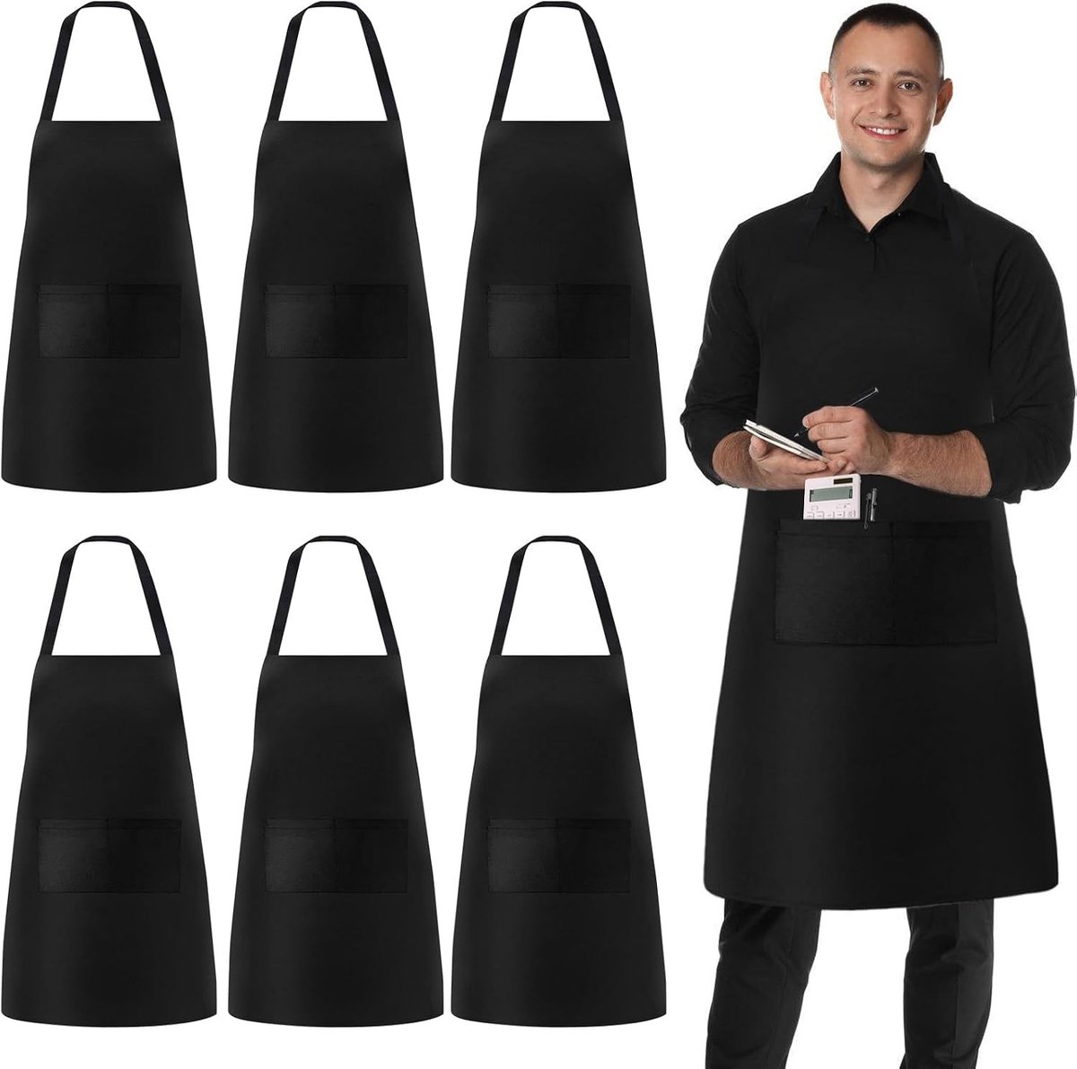 Set van 6 Zwarte Schorten voor Mannen en Vrouwen, Keuken- en Barbecue Schorten met 2 Zakjes voor Koken, Tuinieren en Huishoudelijk Gebruik