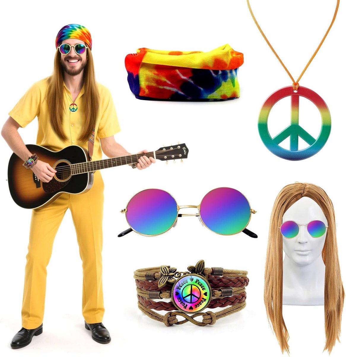 Set van 5 Hippie Accessoires voor Mannen - Hippie Perucque, Kostuumaccessoires voor 60s en 70s Themafeesten, Carnaval, Halloween en Cosplay