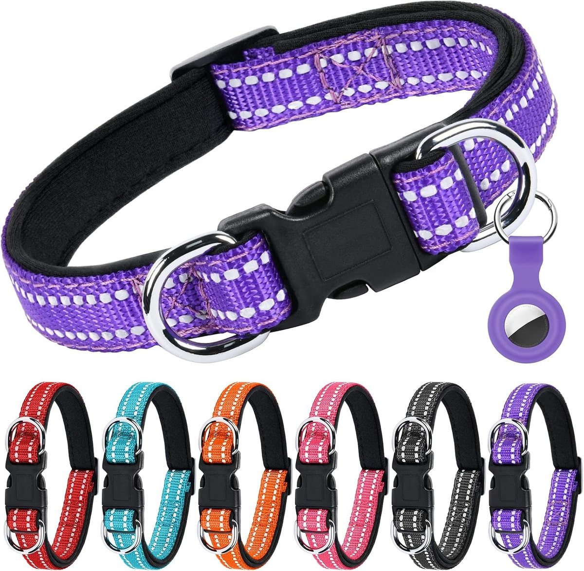 Verstelbare Reflecterende Hondenhalsband van Nylon, Dubbele D-Ring, Violet Kleur, Comfortabel en Duurzaam