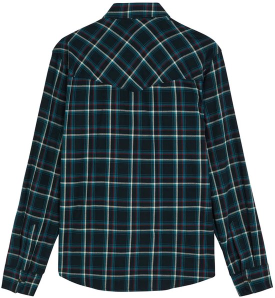Achterkant van een donkerblauw geruit overhemd met lange mouwen.