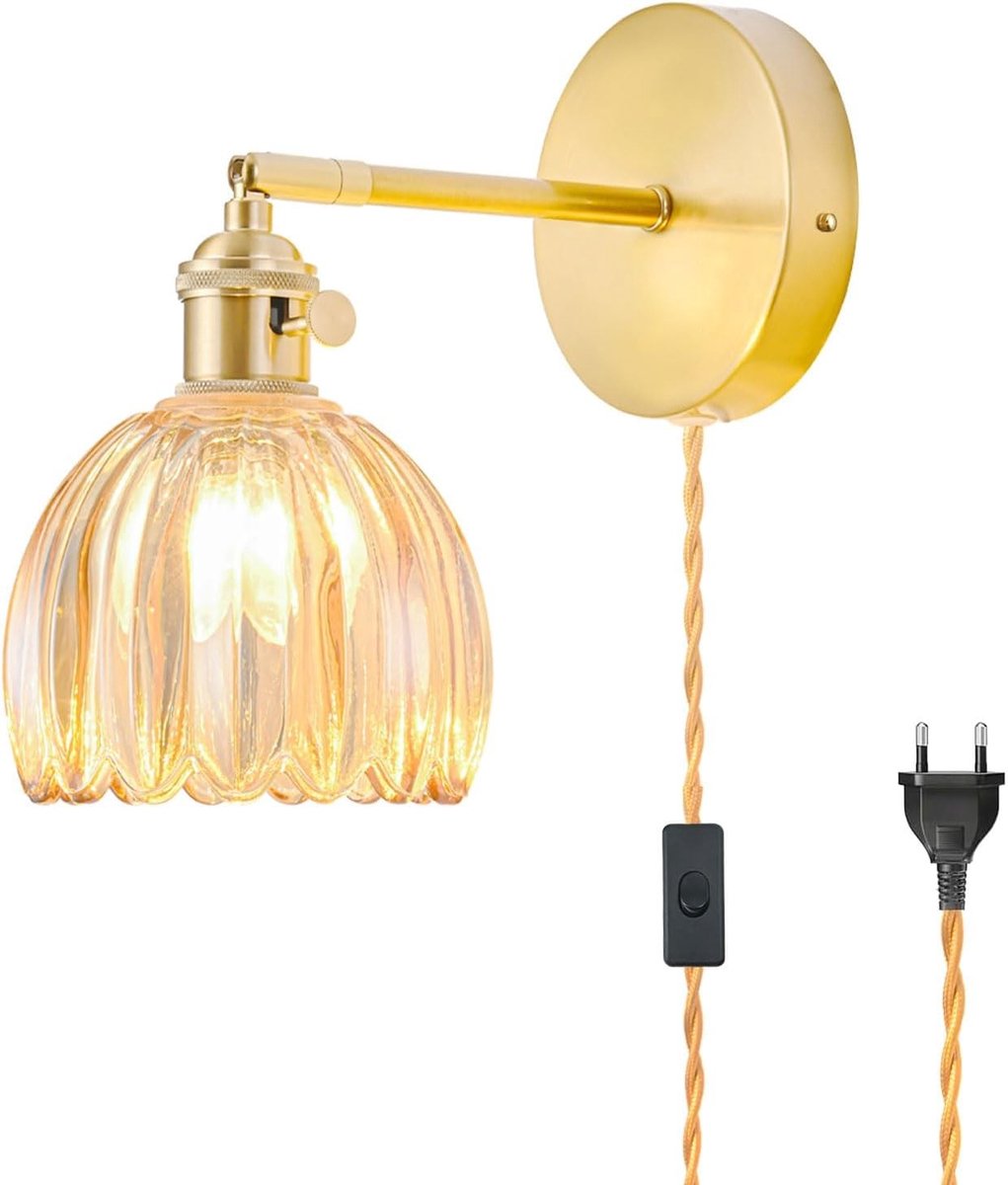 Insteekbare Wandlamp - Amber - Met Stekker - Vintage Wandlamp met Tulp Glazen Lampkap - Voor Slaapkamer Bedside