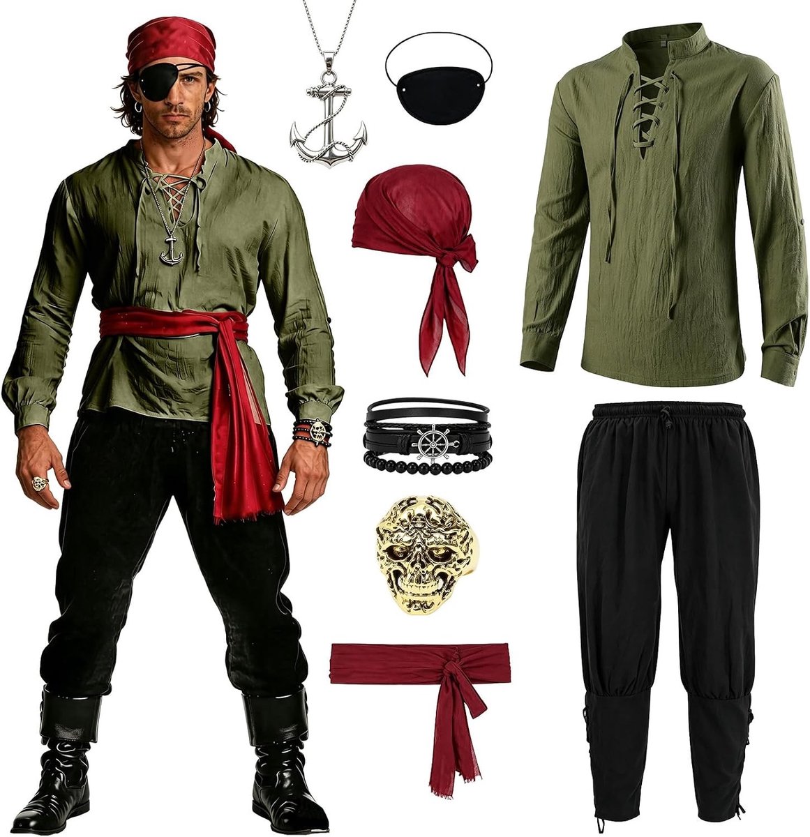 Piratenkostuum - Legergroen - Maat L - Complete Middeleeuwse Kledingset met Accessoires - Voor Mannen
