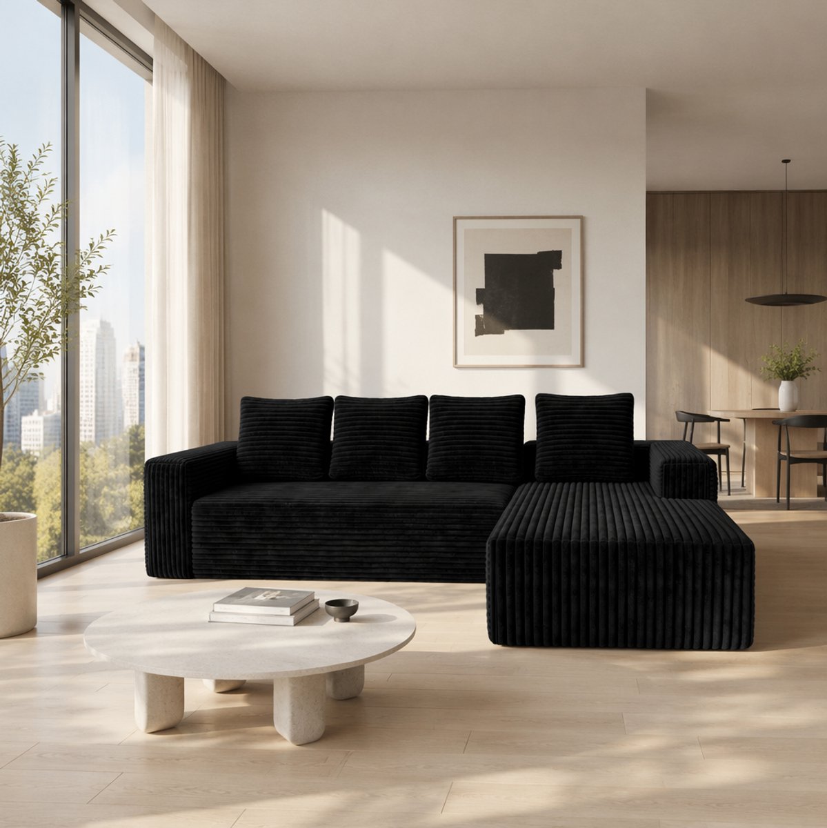 OKWISH Hoekbank – 4-Zits Modulaire Hoekbank Met L-vormige Chaise Links – Diepe Zit, Geen Montage – Woonkamer – Stof – Zwart