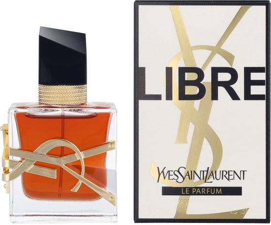 Yves Saint Laurent Libre Le Parfum flesje met gouden YSL logo en oranje vloeistof, naast de kartonnen verpakking.