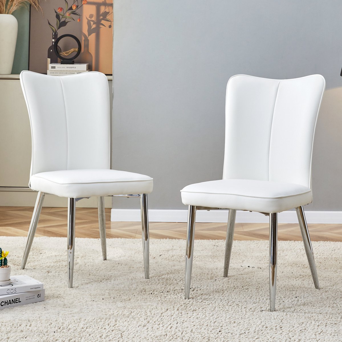 OKWISH Eetkamerstoel Set van 2 Wit En Zilver Kunstleer Metalen Poten 89 Cm Hoog Modern Voor Eetkamer Kantoor En Restaurant
