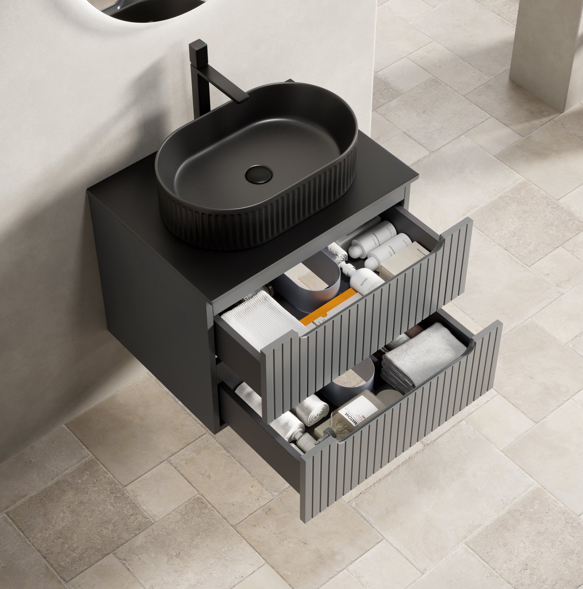 MIVRAY Badkamerkast - Zwevend Ontwerp Met Ovale Zwarte Wastafel En Twee Laden - Voor Moderne Badkamer - Multiplex En Keramiek - 60 Cm - Zwart En Donkergrijs