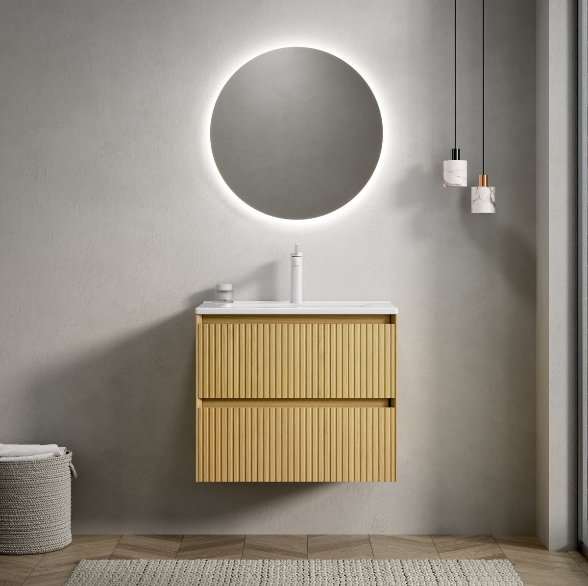 MIVRAY Badkamermeubel - Wandgemonteerd Met Witte Keramische Wastafel - 2 Lades Met Zacht Sluitende Geleiding - Gouden Eiken - 61 x 39 x 50 cm