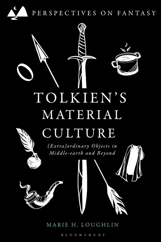 Boekomslag: 'Tolkien's Material Culture' met illustraties van een zwaard, pijp, veer, mok en kleding.