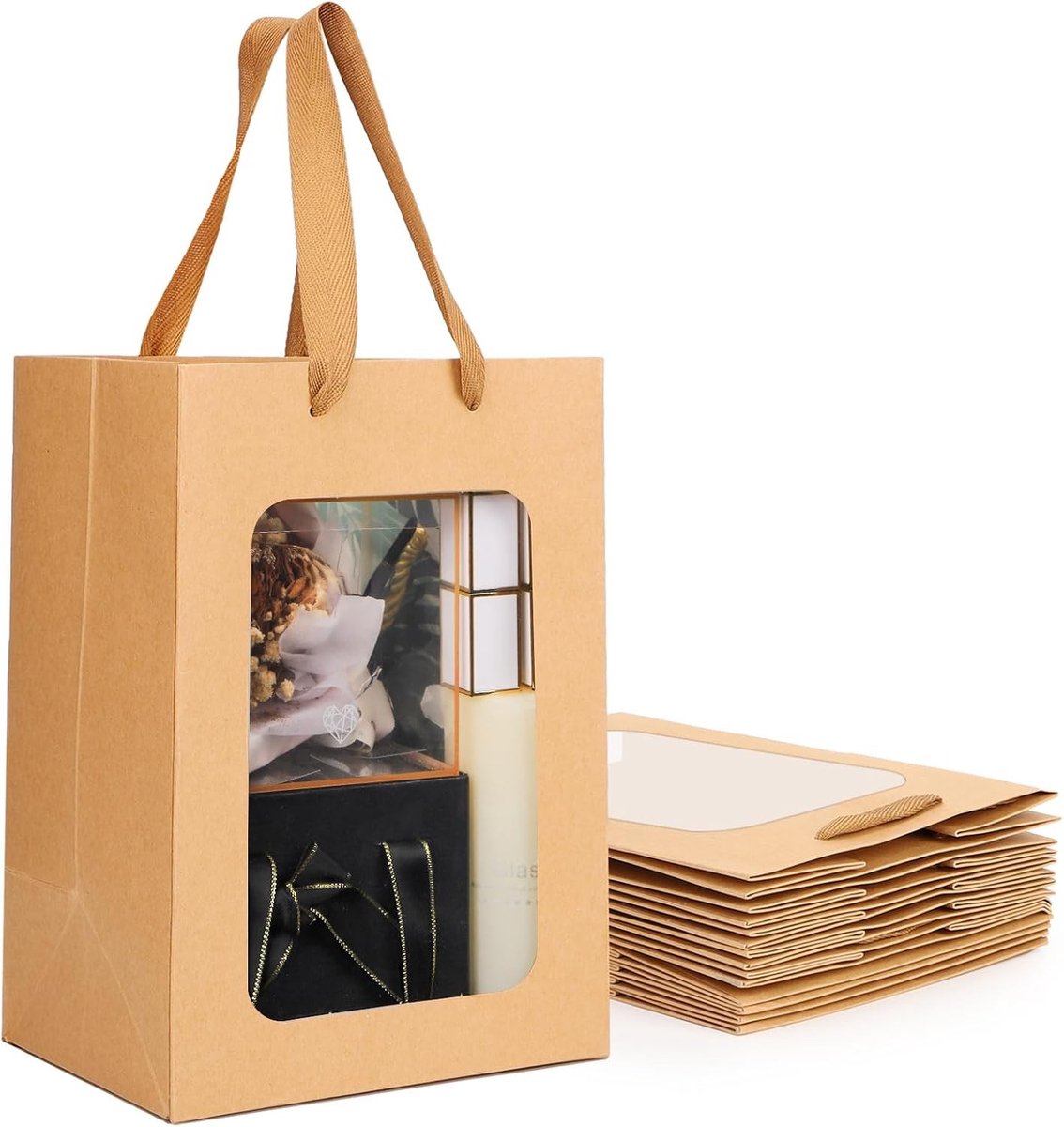 Kraftpapier Tassen Set van 10, Stevige Papieren Tassen met Handvat, 210 g/m², Cadeautassen met Venster, 20 x 16 x 30 cm, Bruine Papieren Tassen voor Verpakking en Geschenken