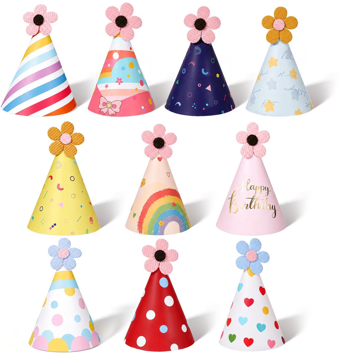 Partyhoeden set 10 stuks - kleurrijke papieren hoeden - met pompon en bloem - voor feestelijke gelegenheden - ShopVlot