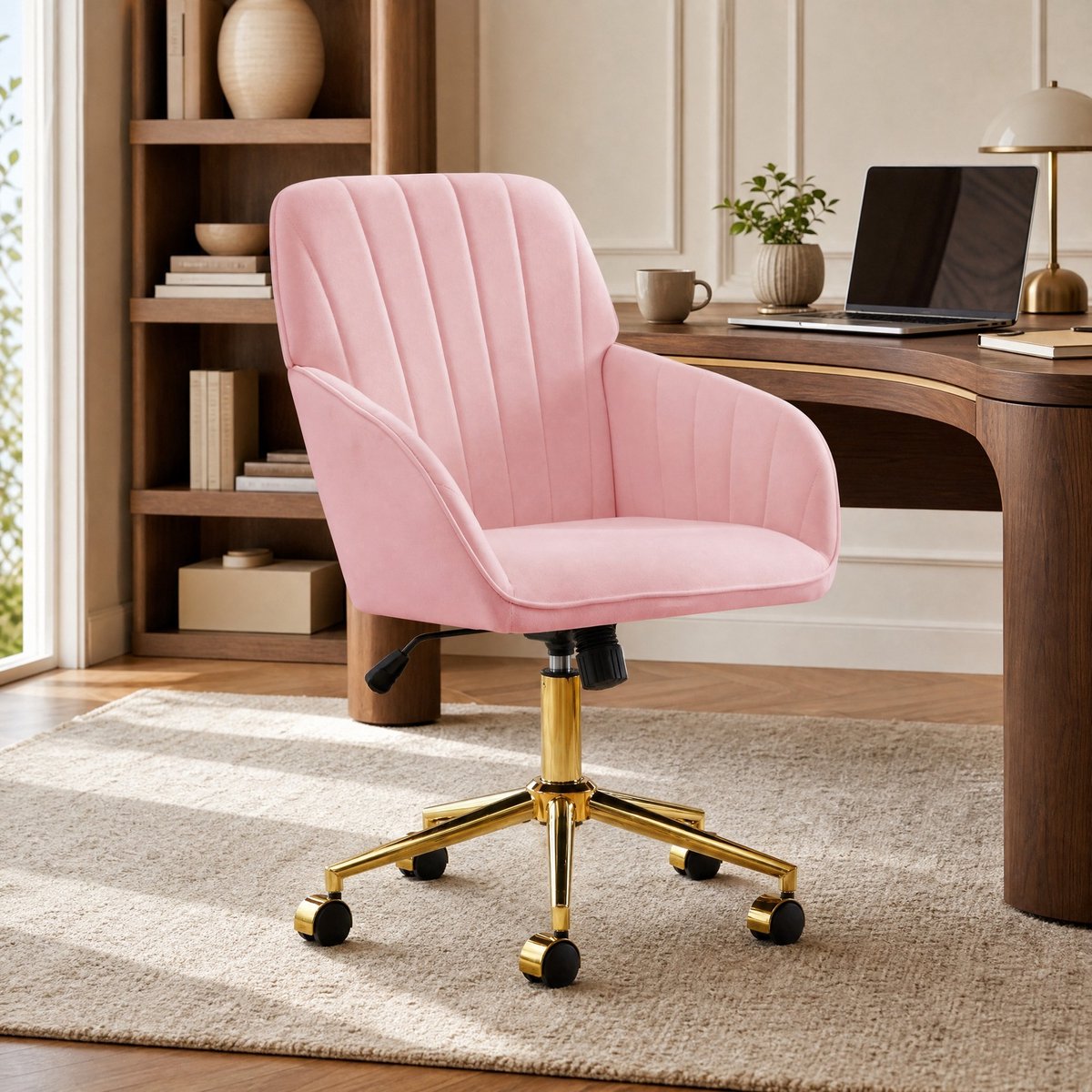 Wishdor Bureaustoel verstelbare zithoogte 360° draaibaar met wielen armleuningen ergonomische rugleuning fluweel roze voor thuis kantoor slaapkamer 96 x 60 cm