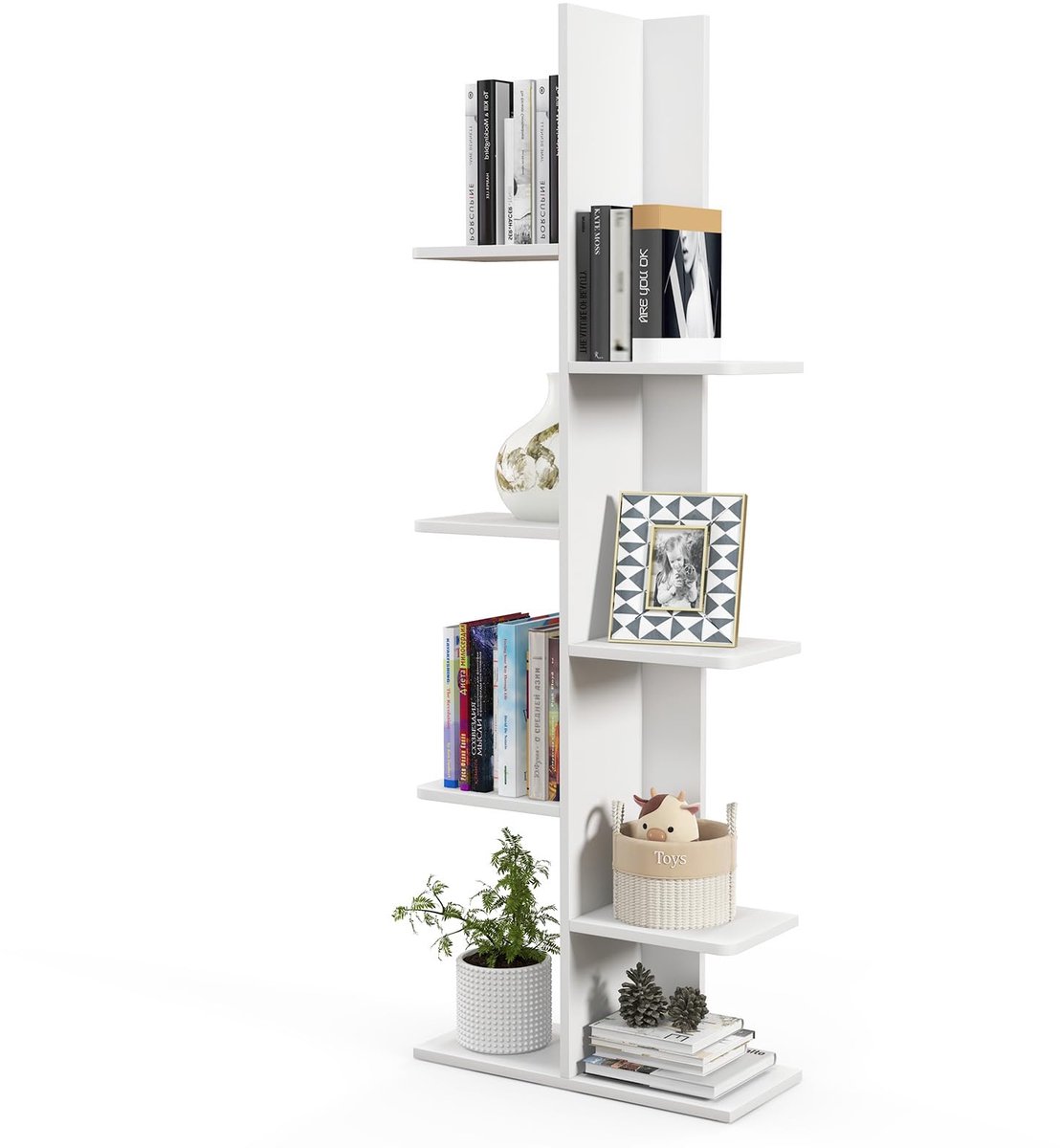 Famanu – Boekenkast in boomvorm, staand rek met 8 planken, vrijstaand opbergrek voor boeken en decoratie, 50 x 20 x 141 cm in wit
