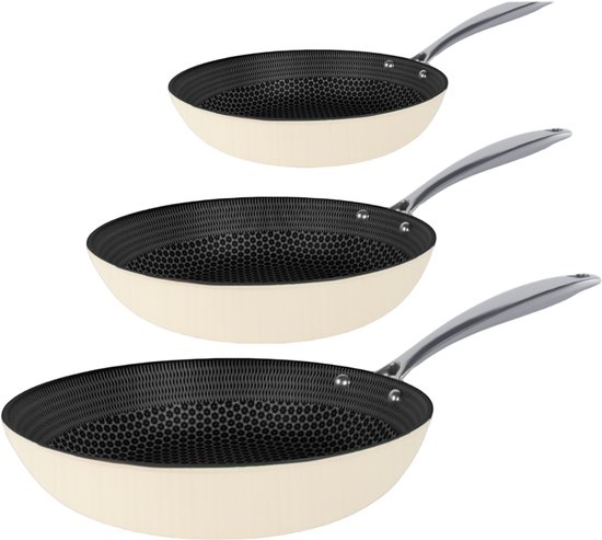 Cook & Pan Honey 3-Delige Koekenpan Pannenset RVS Crème Wit - PFAS vrij - Alle Warmtebronnen - Koekenpannenset met 7 jaar Garantie - Krasbestendige Anti Aanbaklaag - Vaatwasserbestendig - Gas, Inductie, Elektrisch, Oven - Beige